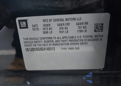 2016 Chevrolet Sonic Lt Manual from USA, damaged, VIN 1G1JD5SG8G4148313